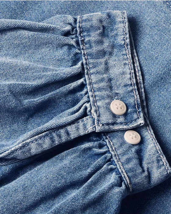 Hemd Druckknopf Denim Laternenärmel Locker