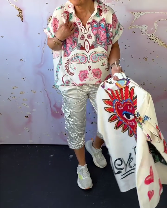 Bluse Revers Kurzarm Bedruckt