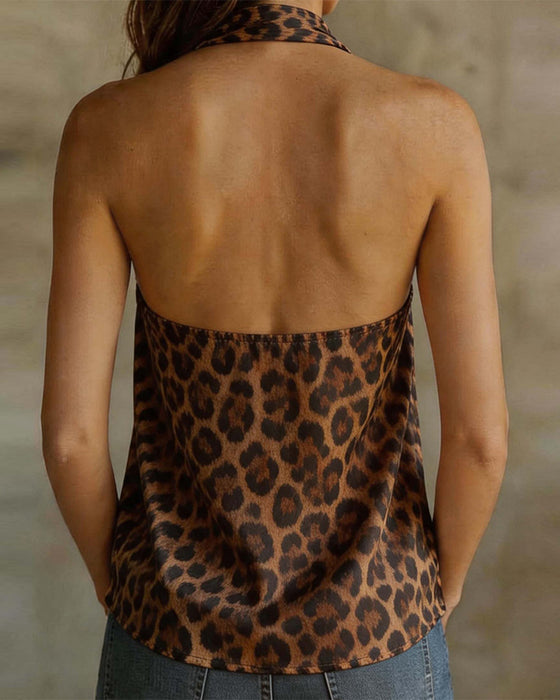 Bluse V-Ausschnitt Halter Leopard Ärmellos