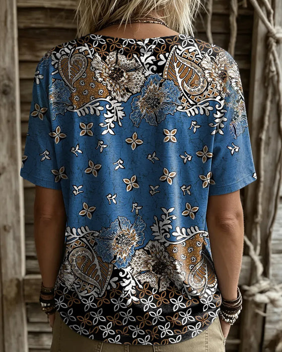 T-Shirt Vintage Blumig Farbblock Rundhals