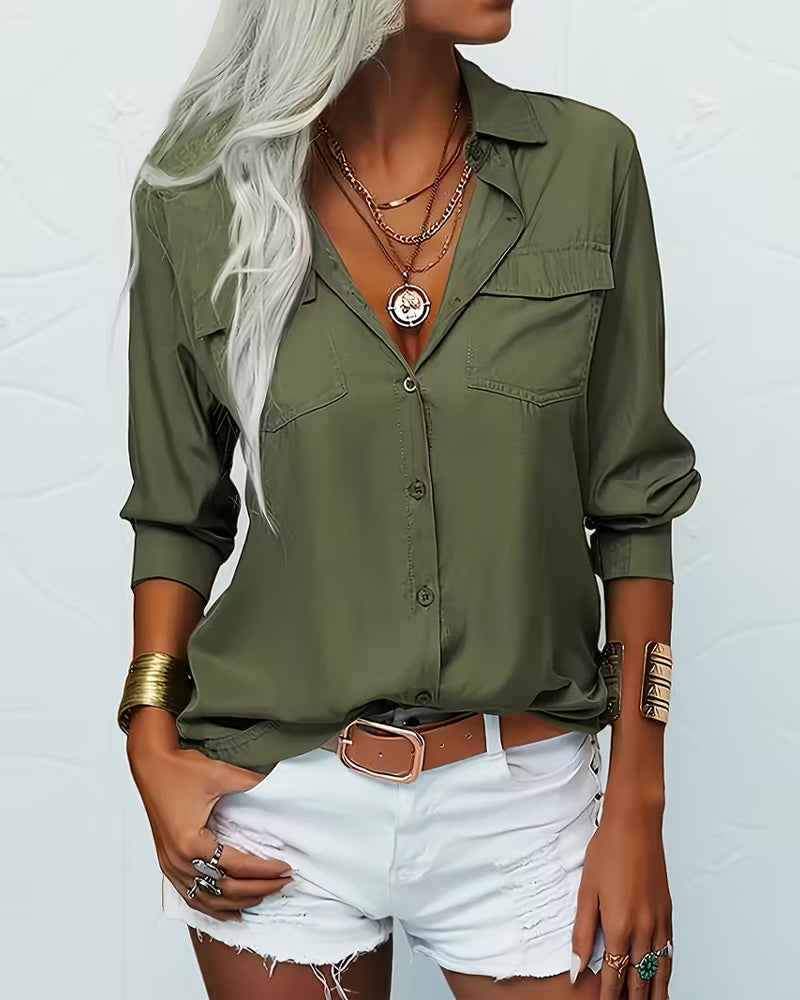Damen Hemd Mit Doppelter Tasche Detail, Einfarbiges Design