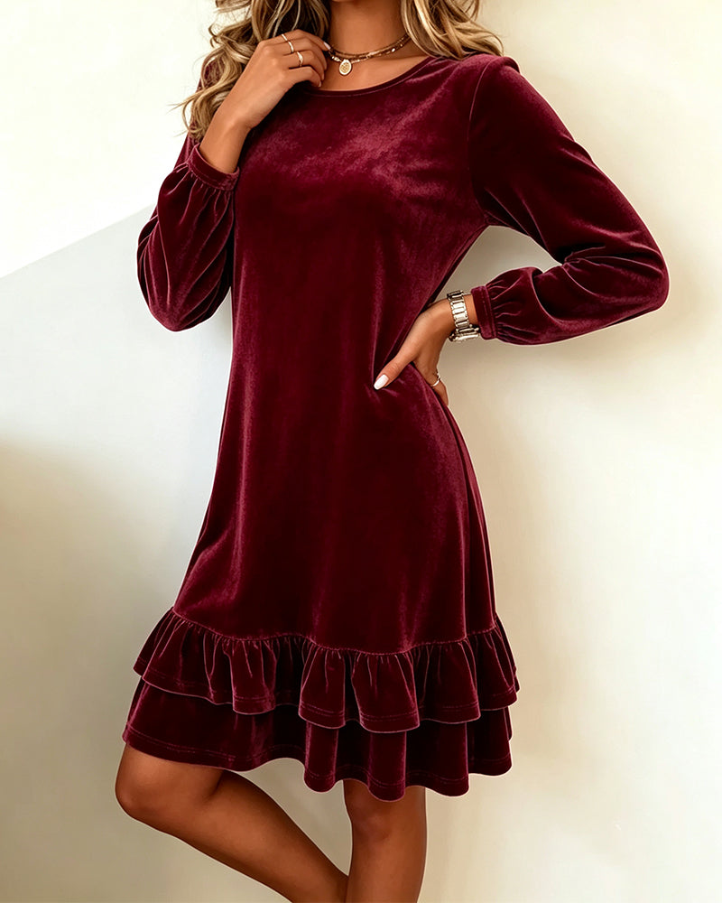 Kleid Rundhals Langarm Rüsche
