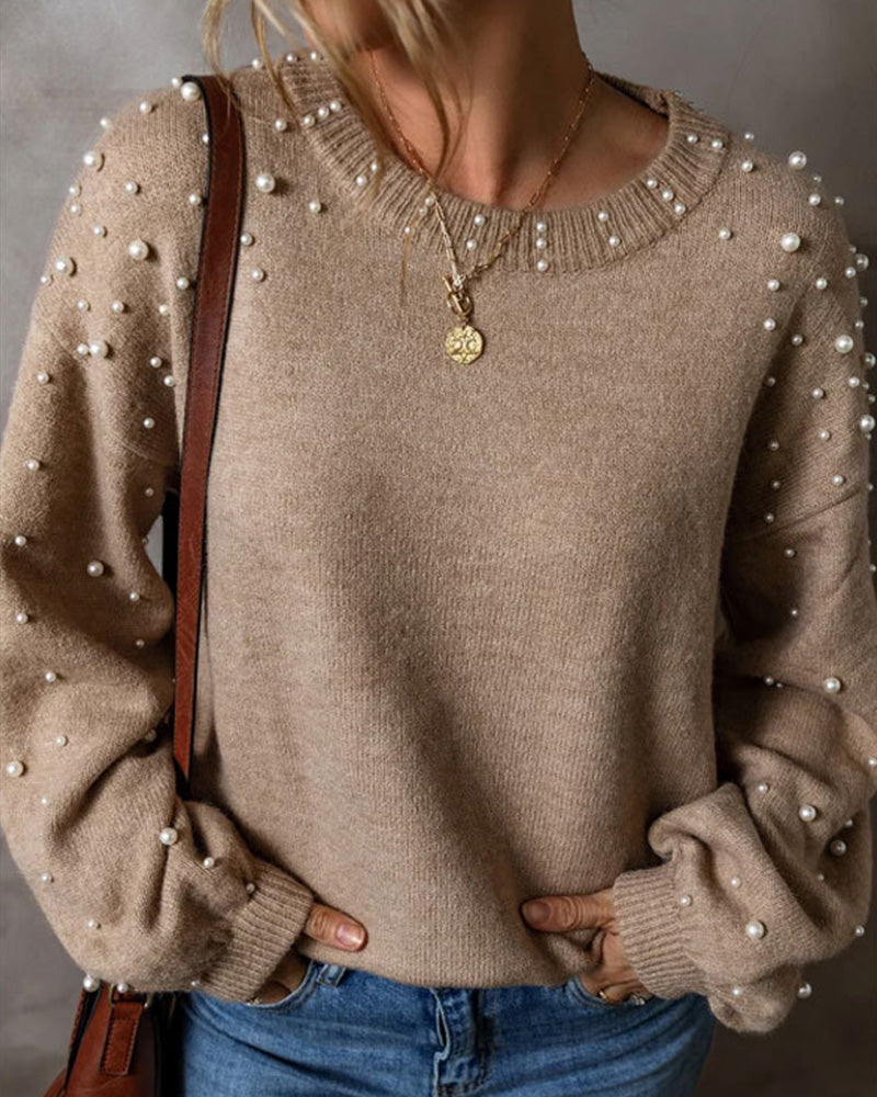 Pullover Mit Perlen Lange Ärmel Rundhals
