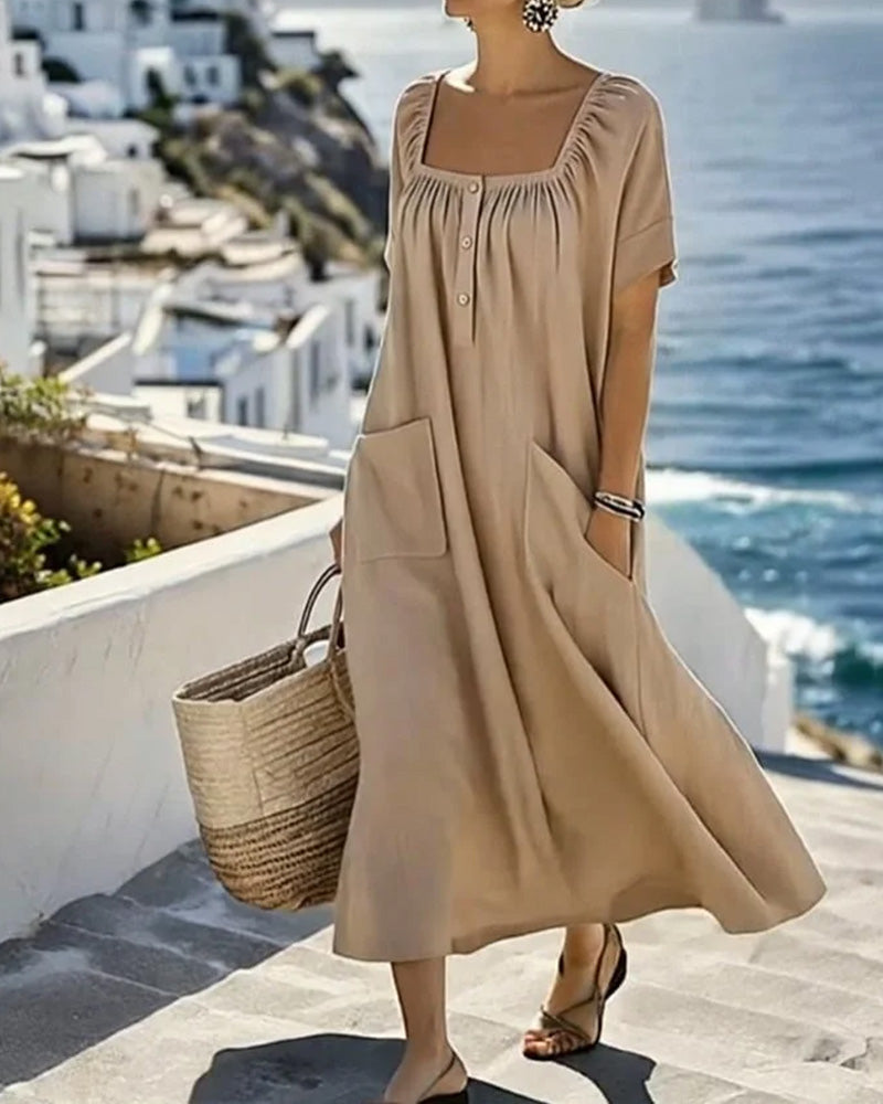 Kleid Quadratischer Ausschnitt Locker Halbgeknöpft Lang