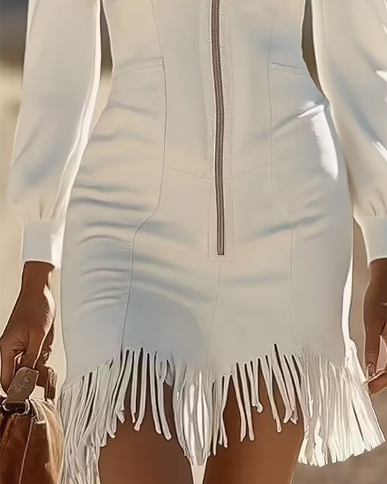 Kleid Mit Reißverschlusskragen Und Fransensaum