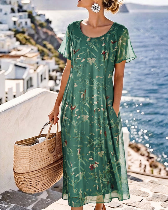 Kleid Blumig Rundhals Maxi