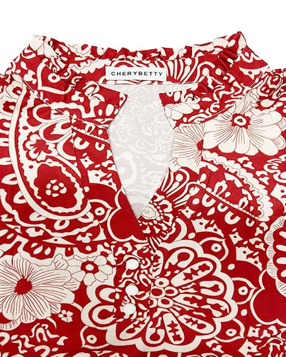 Bluse Paisley Blumenprint Mandarin-Kragen