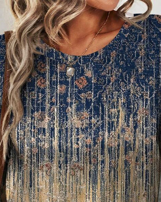 Top Retro runder Ausschnitt bedruckt langärmlig