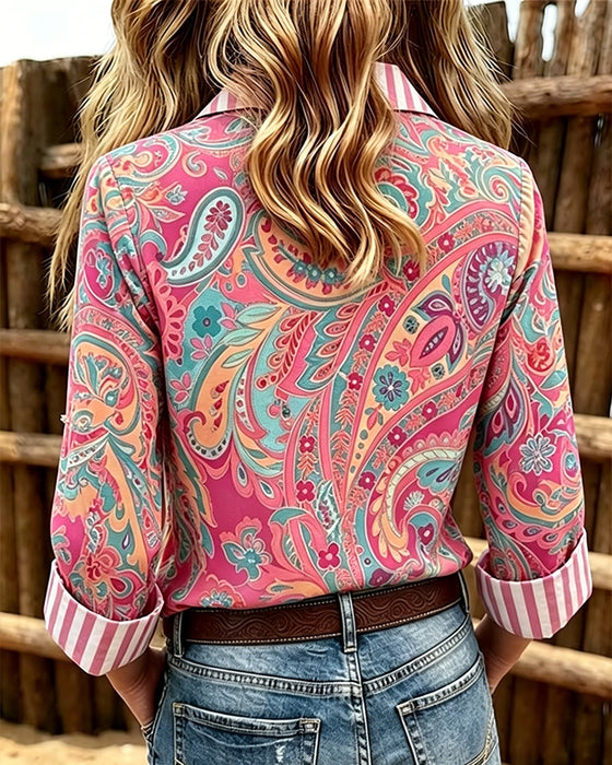 Bluse Patchwork Blumig Druck Lässig