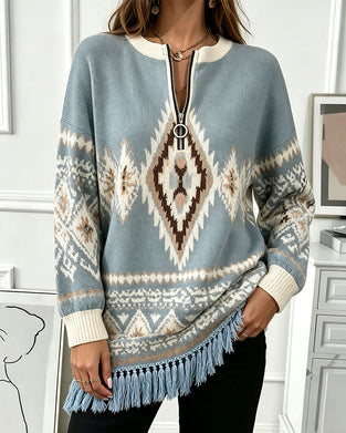 Pullover Geometrisch Jacquard Halb-Zip Fransen Saum