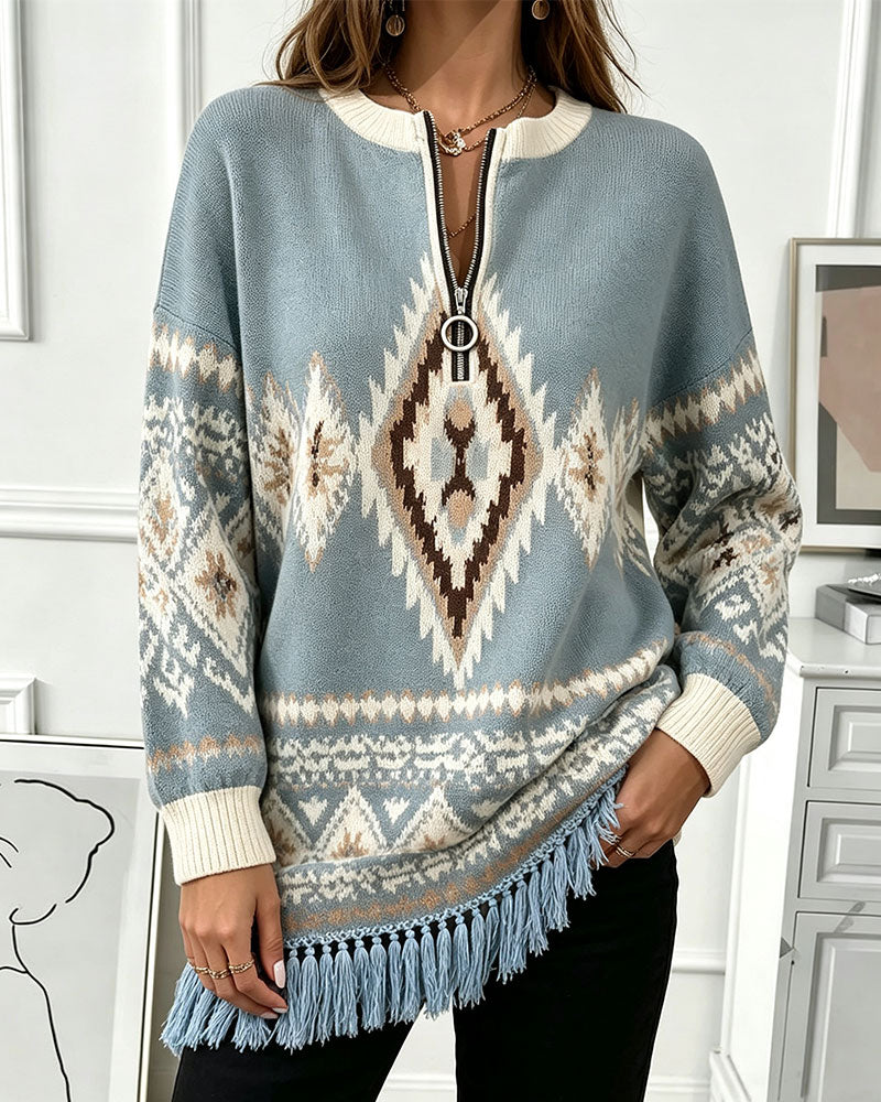 Pullover Geometrisch Jacquard Halb-Zip Fransen Saum