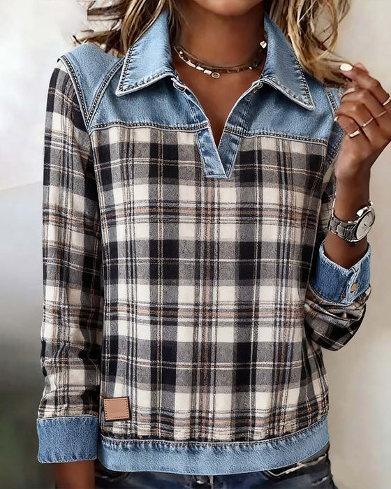Denim-Top Mit Patchwork Und Karomuster