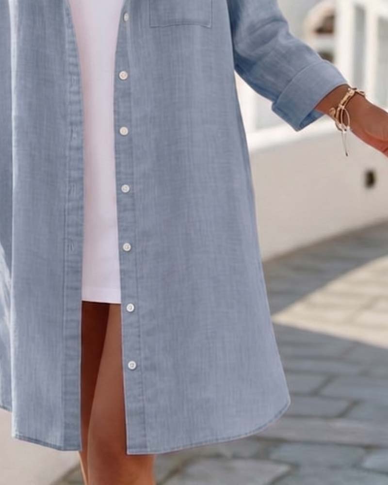 Kleid Revers Knopf Lang Hemd