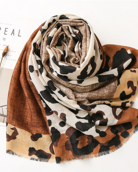 Damen Schal Leopard Patchwork Print Fransen Schal