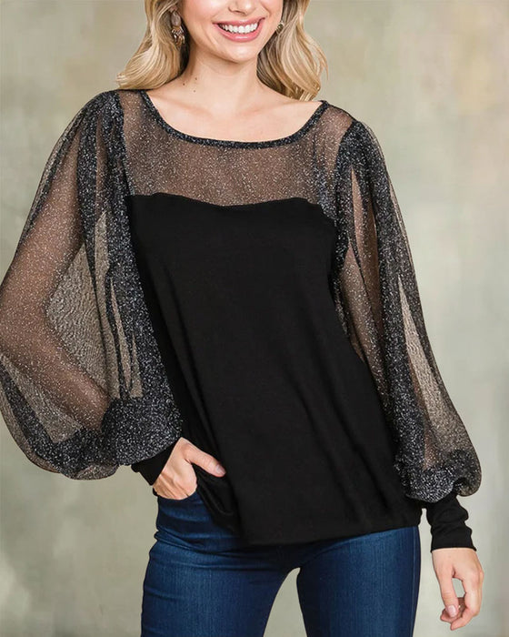 Bluse Sheer Puffärmel Panel Locker