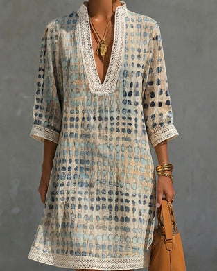 Kleid V-Ausschnitt Pünktchen Spitze Patchwork Stehkragen