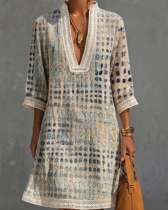 Kleid V-Ausschnitt Pünktchen Spitze Patchwork Stehkragen
