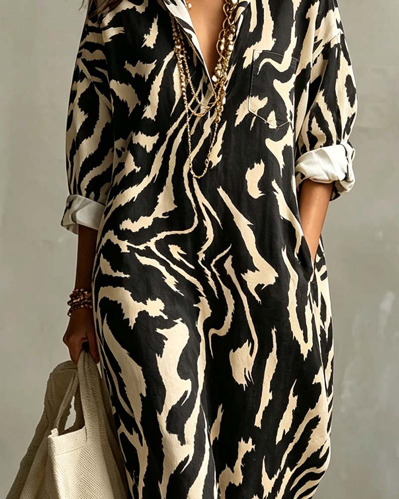 Hemdkleid Tiermuster Revers Tasche