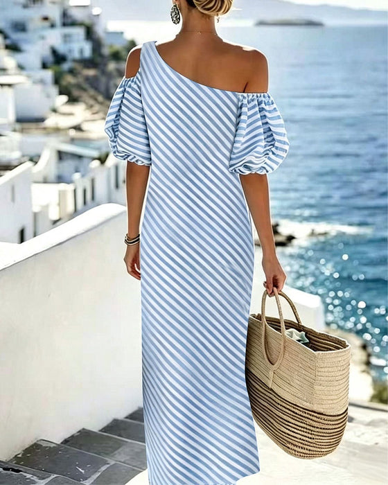Kleid Blau Und Weiß Gestreift Off-Shoulder