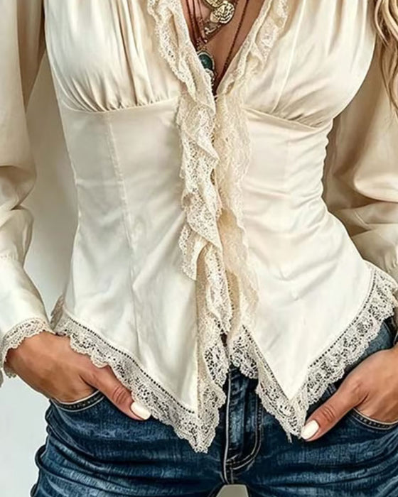 Bluse Kragen Spitze Gespleißt Langarm