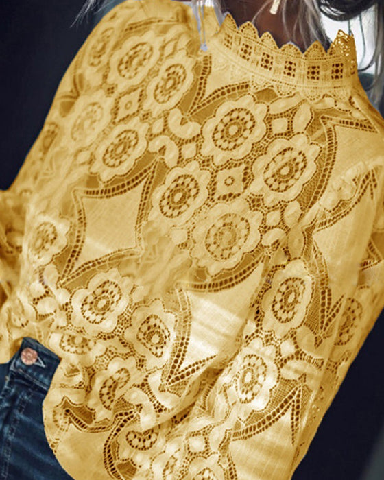 Bluse Sexy Durchsichtig Langarm Stehkragen Spitze