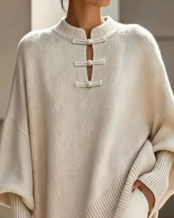 Pullover Mandarin Knoten Knopf Loose Fit Cape