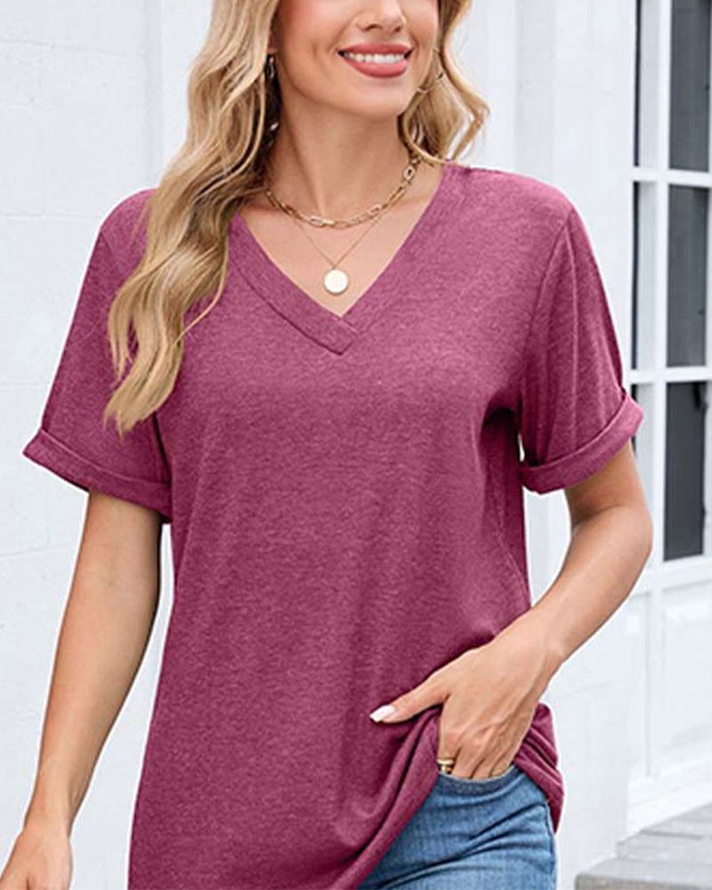 T-Shirt Einfarbig V-Ausschnitt Lässig Kurzarm