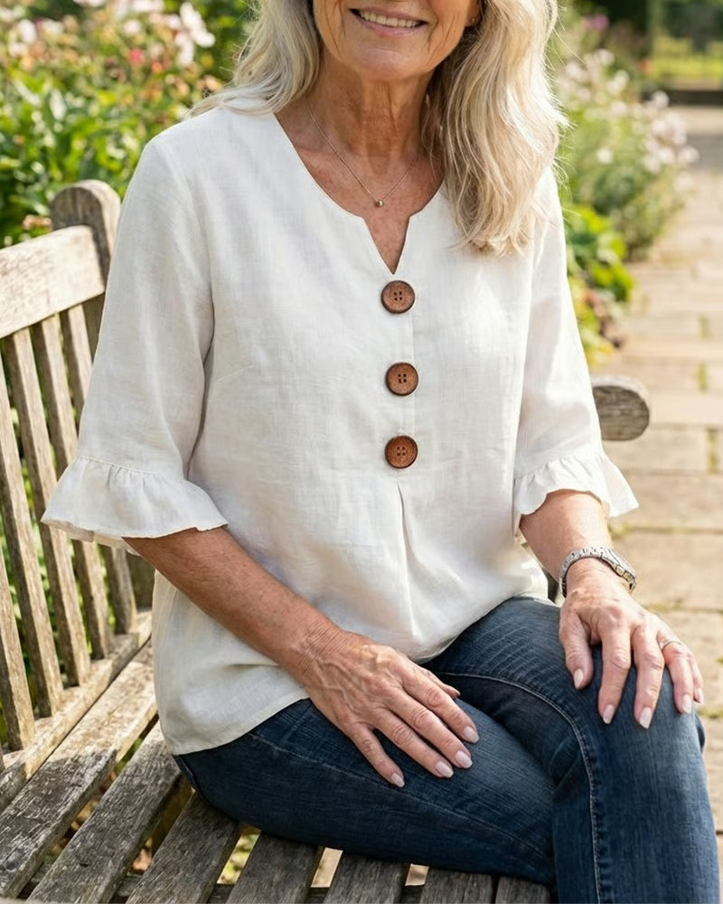 Blusen Einfarbig Baumwollleinen Holzknöpfe Rüschen