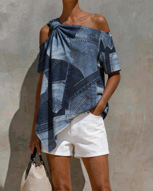 Bluse Ein-Schulter Twist Knoten Patchwork