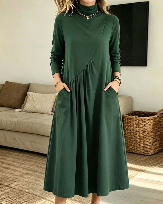 Kleid Rollkragen Gerafft Tasche Maxi