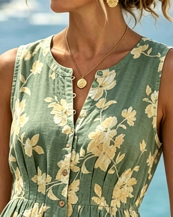 Kleid Rundhals Ärmellos Knopf Blumen