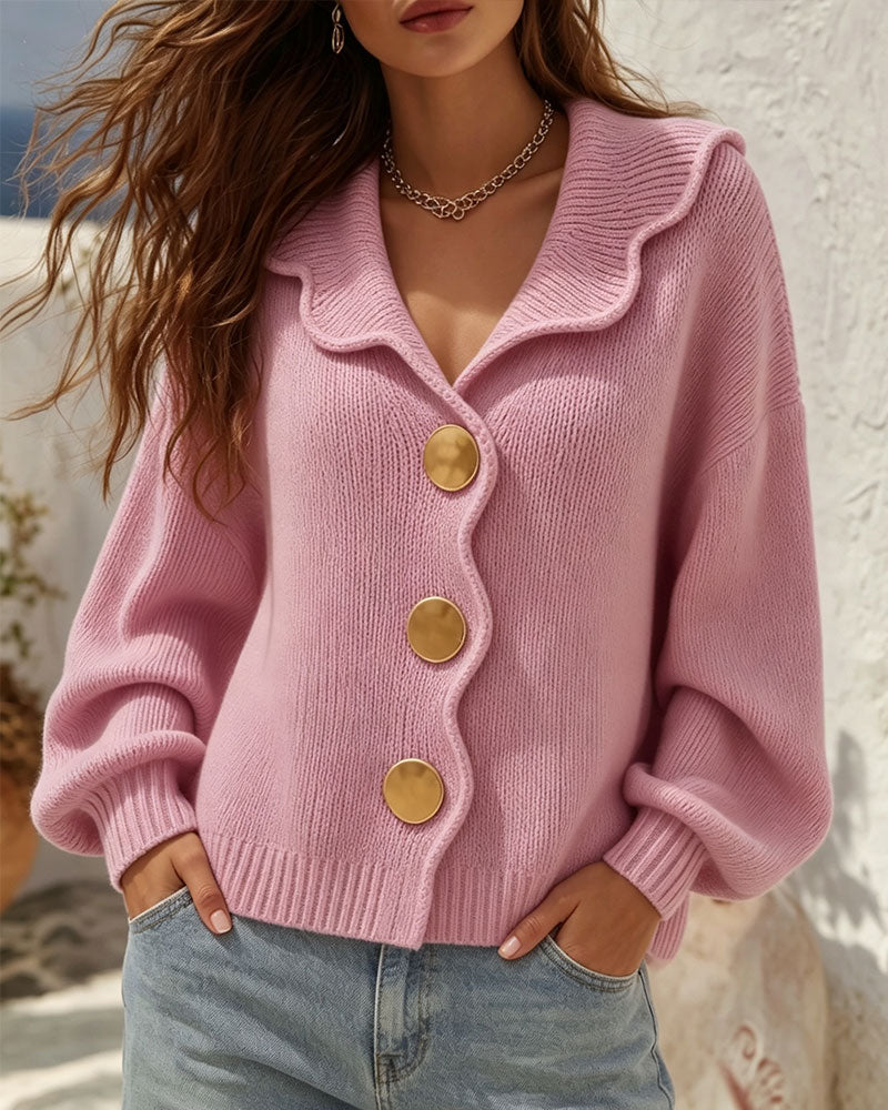 Strickjacke Großer Revers Kurz Metallknopf