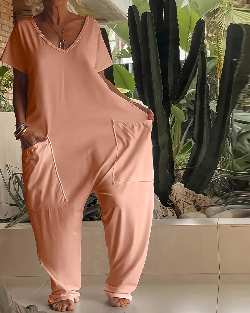 Jumpsuit V-Ausschnitt Kurzarm Weites Bein