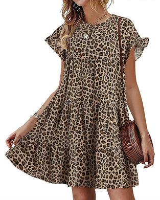 Kleid Rüsche Ärmel Leopard Gestuft