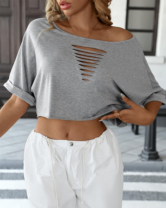 T-Shirts Off-Shoulder Asymmetrisch Zerrissen Umschlagsaum