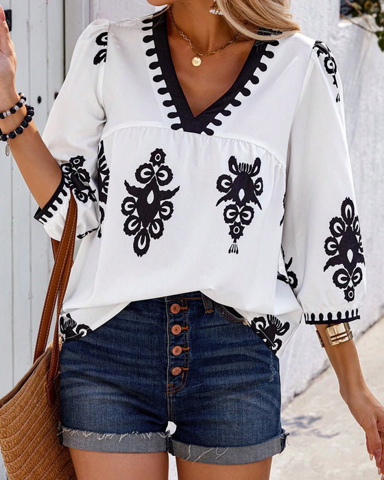 Bohemian-stil Bluse mit Biskoparmärmen