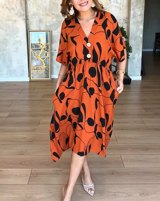 Kleid V-Ausschnitt Knopf Hohe Taille Ausgestellt