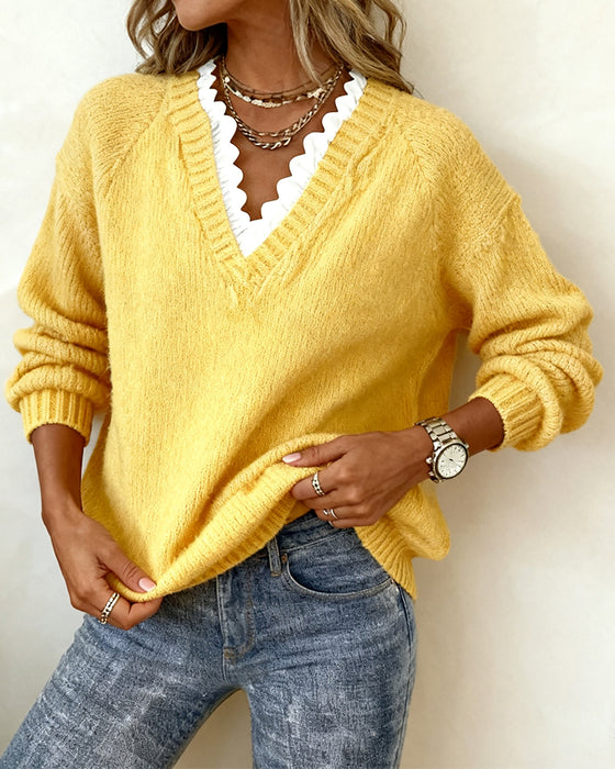 Eleganter Pullover Mit V-Ausschnitt Und Rüschen