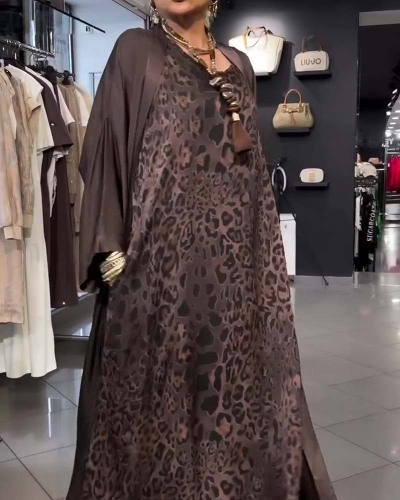 Sets Leopard Spaghettiträger Langes Kleid Und Cardigan