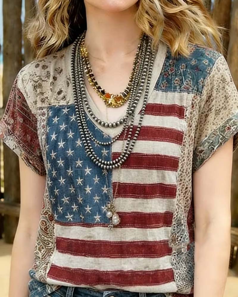 T-Shirt V-Ausschnitt Kurzarm Patchwork