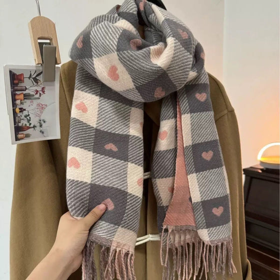 Cozy Heart Plaid Scarf – Weicher Winter-Wrap Für Mädchen Oder Paare