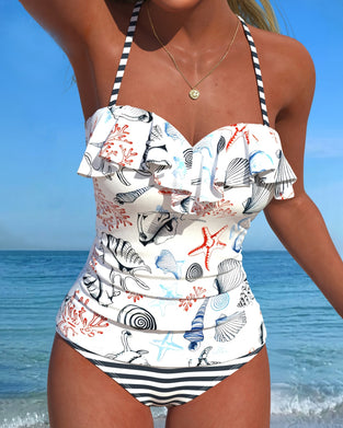 Einteiler Badeanzug Rüschen Streifenprint