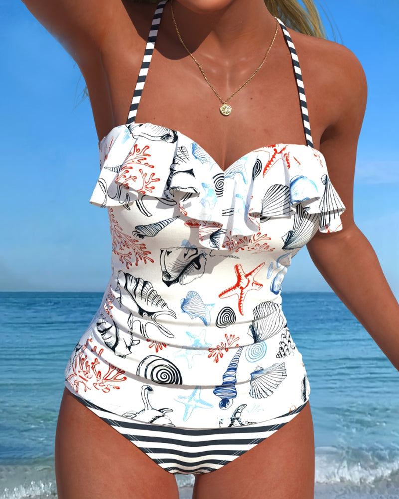 Einteiler Badeanzug Rüschen Streifenprint