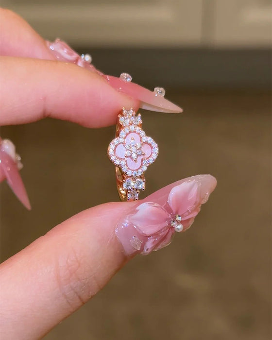 Ring & Armband Rosa Muschel Vierblättriges Kleeblatt