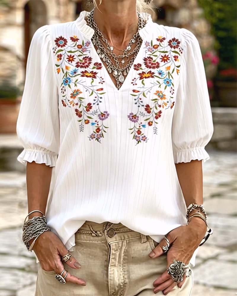 Bluse Rüsche Besatz Print Lässig