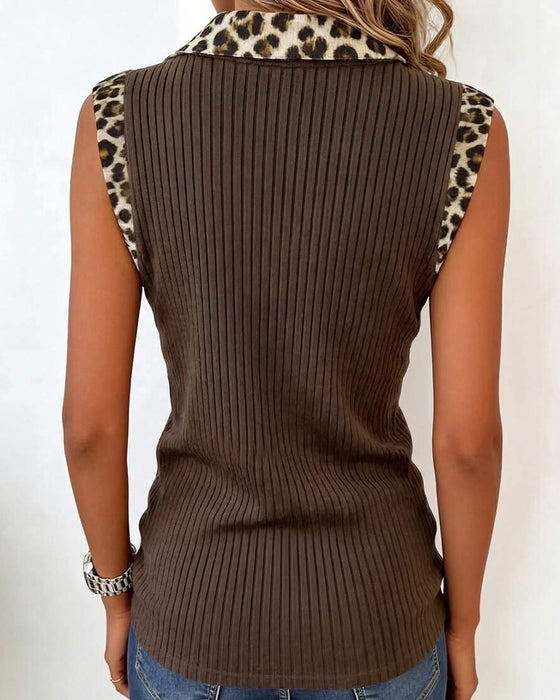 Bluse Revers Leopard Druck Ärmellos Gerippt
