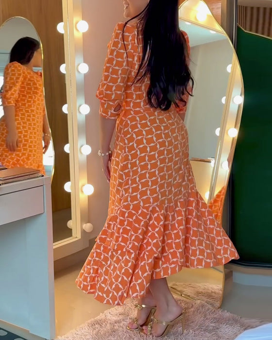 Kleid Halbarm Rundhals Taillenprint
