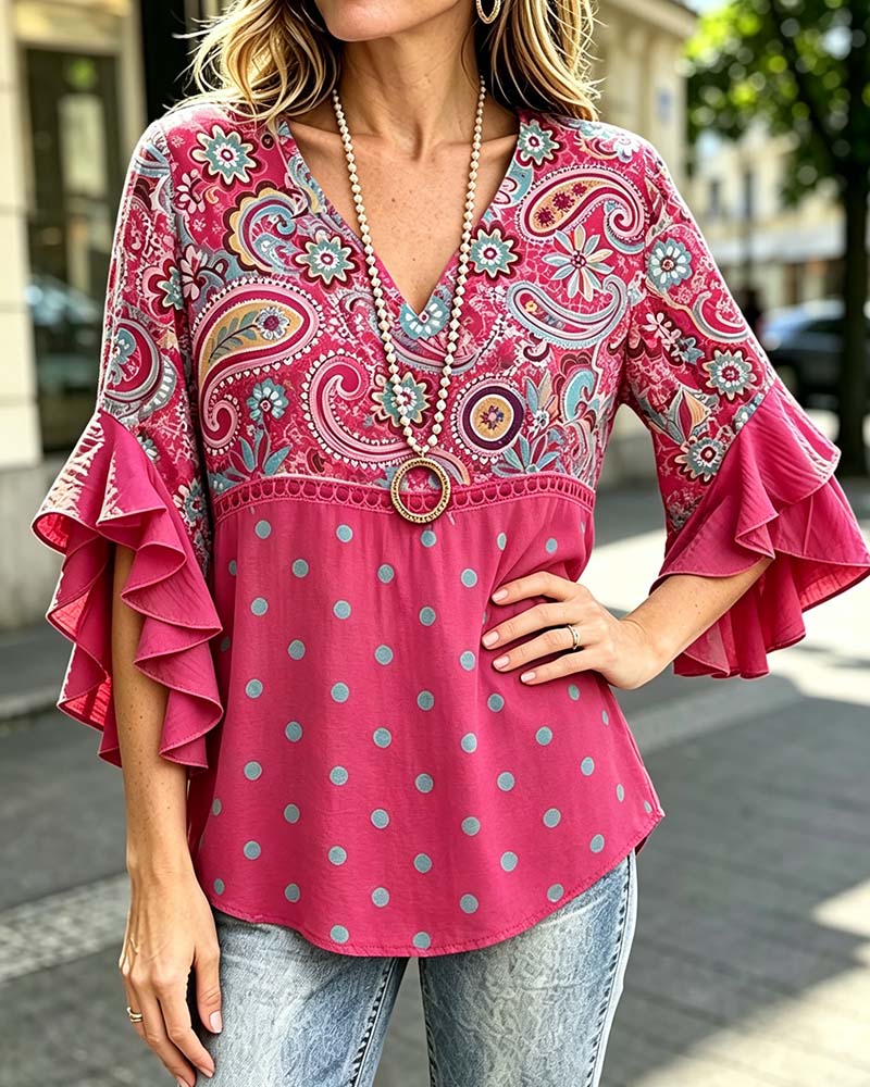Bluse V-Ausschnitt Blumig Pünktchen Rüsche