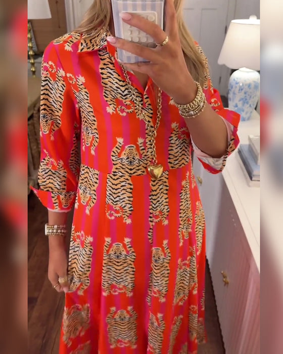 Kleid Langarm Revers Gedruckt Maxi