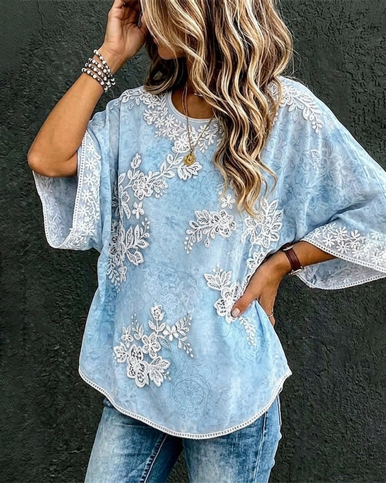 Weite Bluse Rundhals Florales Muster